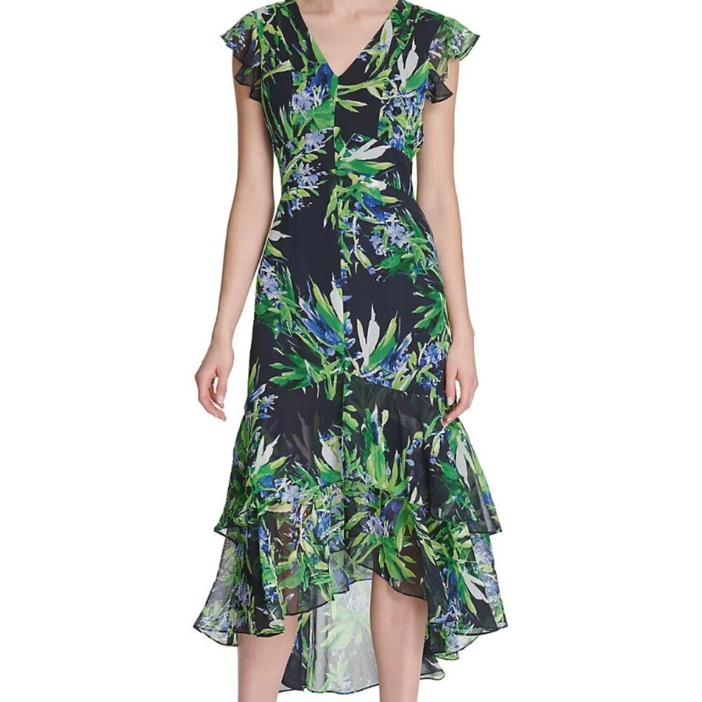 Tommy Hilfiger dress Women's 12 navy green floral high low ruffle feminine - Picture 2 of 14